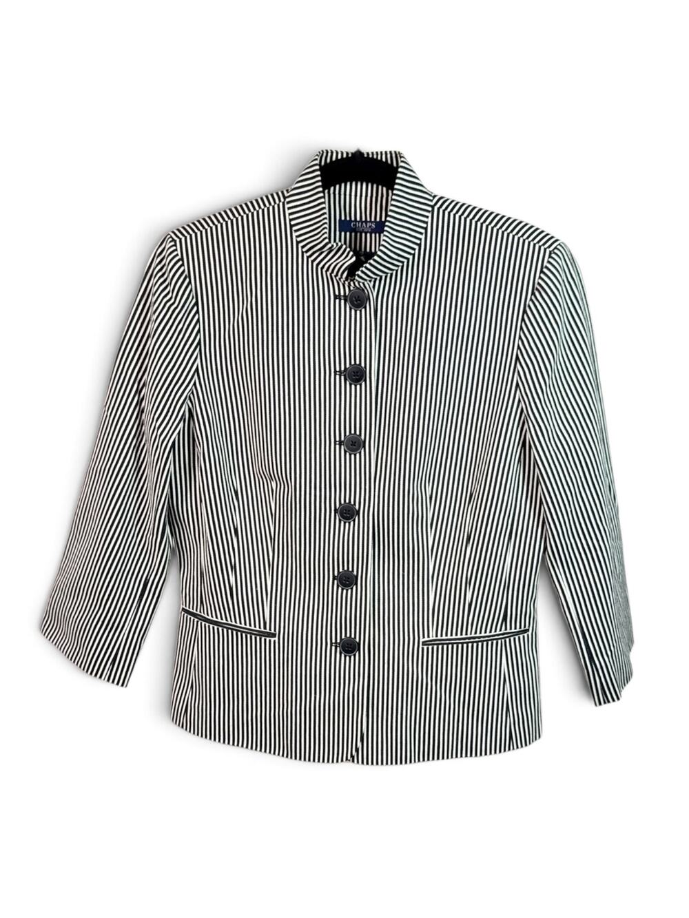 Chaps Black & White Striped Mandarin Collar Cotton Blazer/Jacket - Size 10